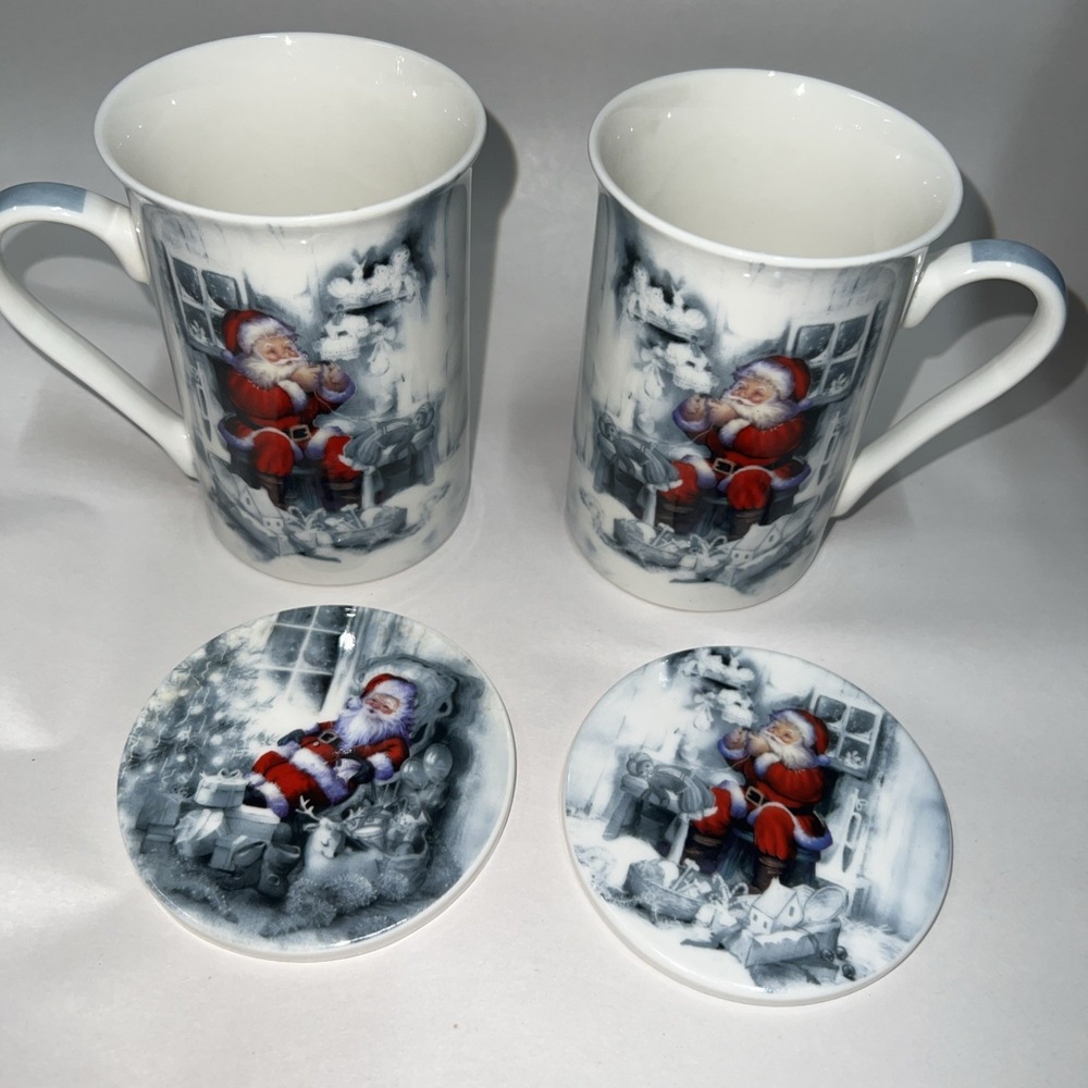 Kent Pottery Santa Claus Christmas Mugs Set with Coaster/Lid Bone China - Pair